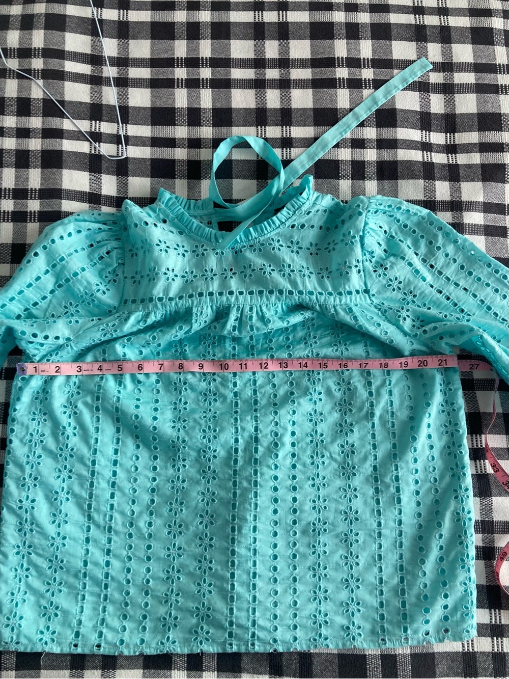 J. Crew Eyelet Lace Blouse Top Aqua Blue M High Neck Long Puff Sleeve Cotton - Picture 8 of 10